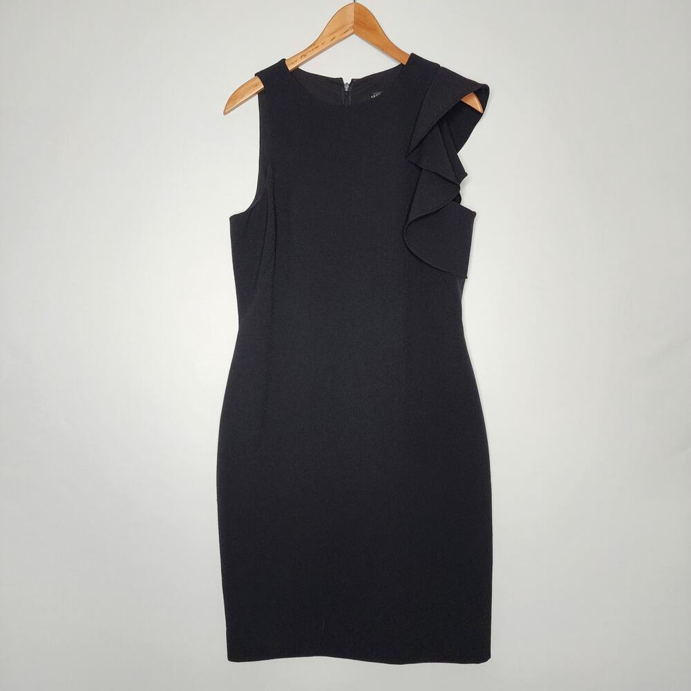 Antonio Melani Black Sheath Dress Sleeveless Ruffle Shoulder Women's Size 8